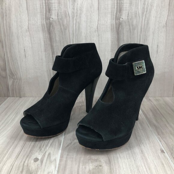 Michael Kors Heel Booties Woomens 7M Davenport Black Suede Peep Toe Ankle Boots - Picture 3 of 13